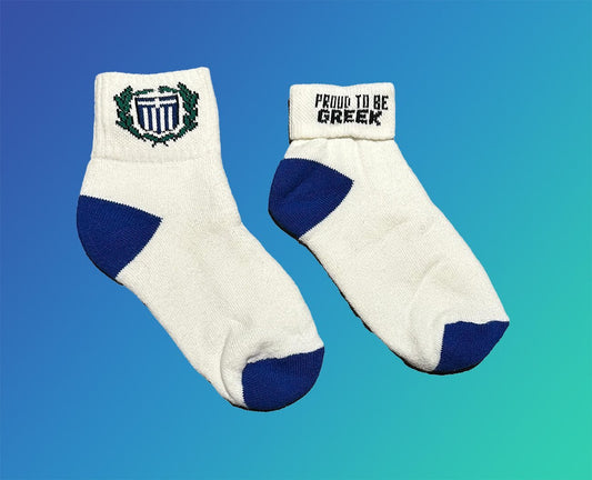 White socks with blue national accents and Greek-themed text on a gradient background