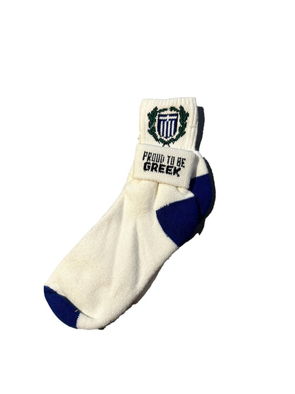 White sock with blue coat of arms and 'Proud to be Greek' text on a white background