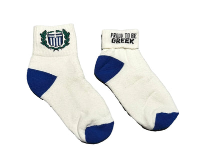 White socks with blue accents, Greek coat of arms, and 'Proud to be Greek' on a white background
