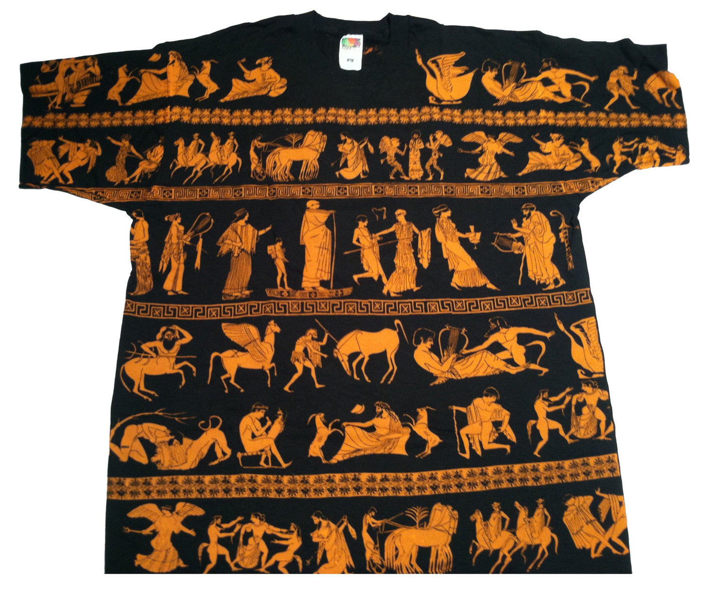 Black t-shirt with orange ancient Greek-themed designs on a white background