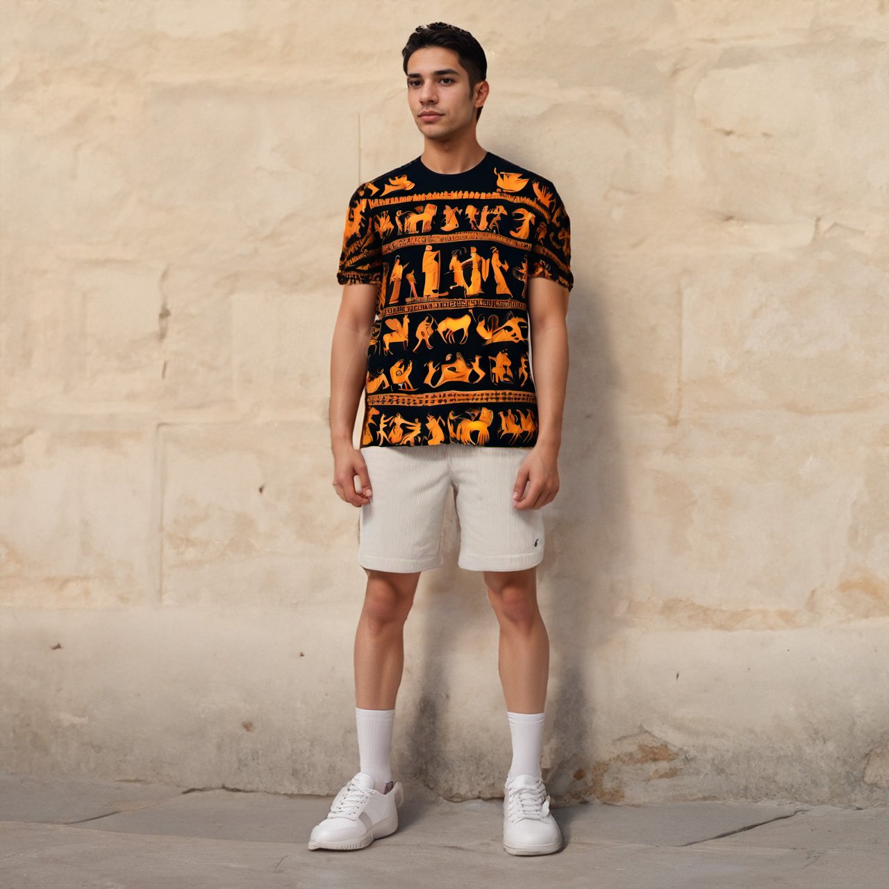 Man wearing a patterned black and orange Greek Red Figures shirt with white shorts against a beige wall