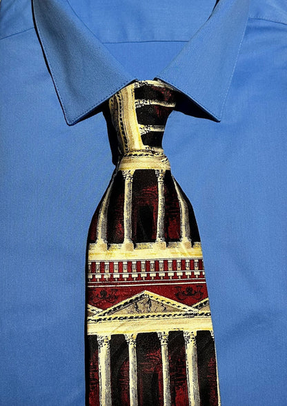 Tie with Greek column architectural design on a blue button-down shirt