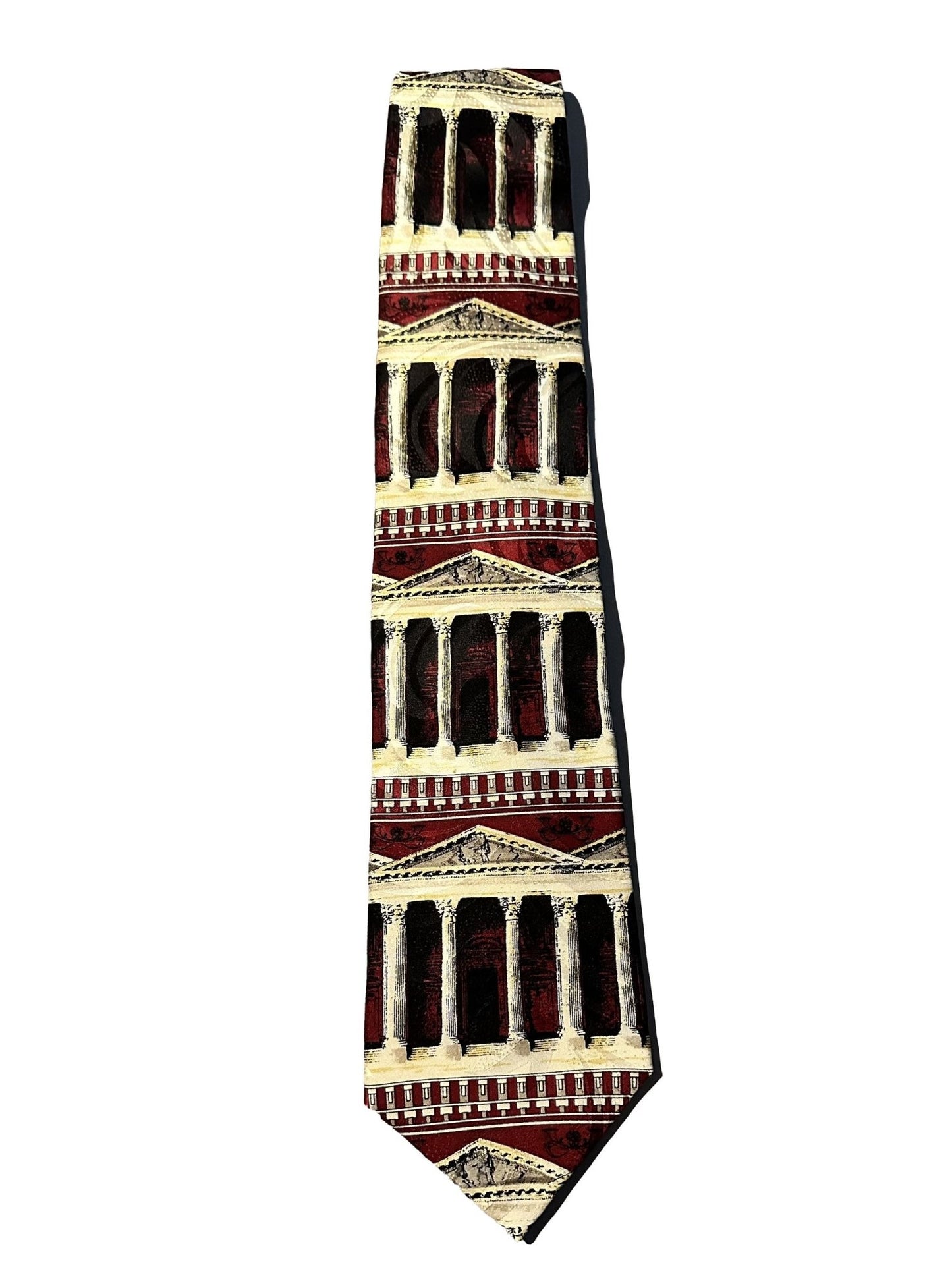 Greek architecture columns tie in maroon, cream and black displayed vertically straight on a white background