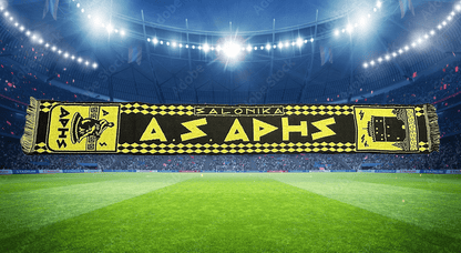 Scarf with 'Salonika AS APHS' branding on a football stadium background