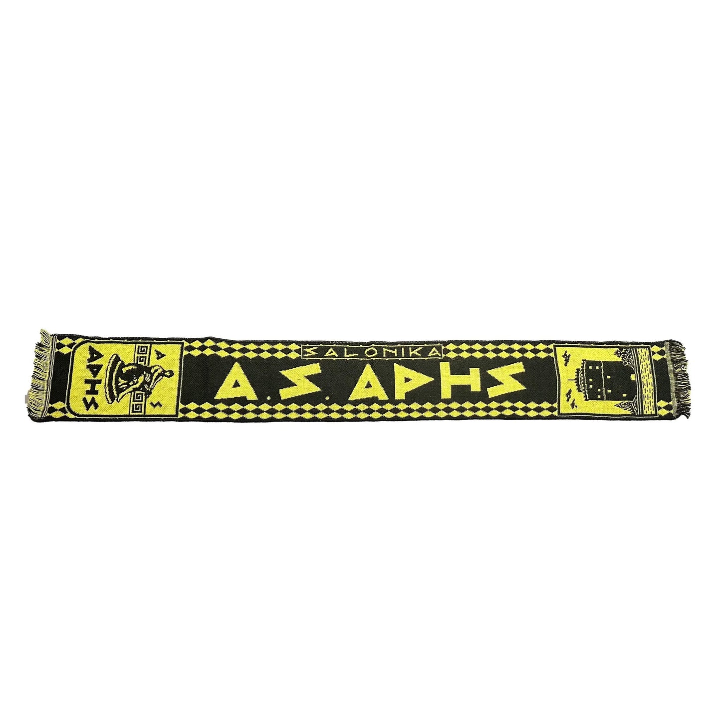 Black and yellow scarf with AS ARIS Salonika logos on a white background