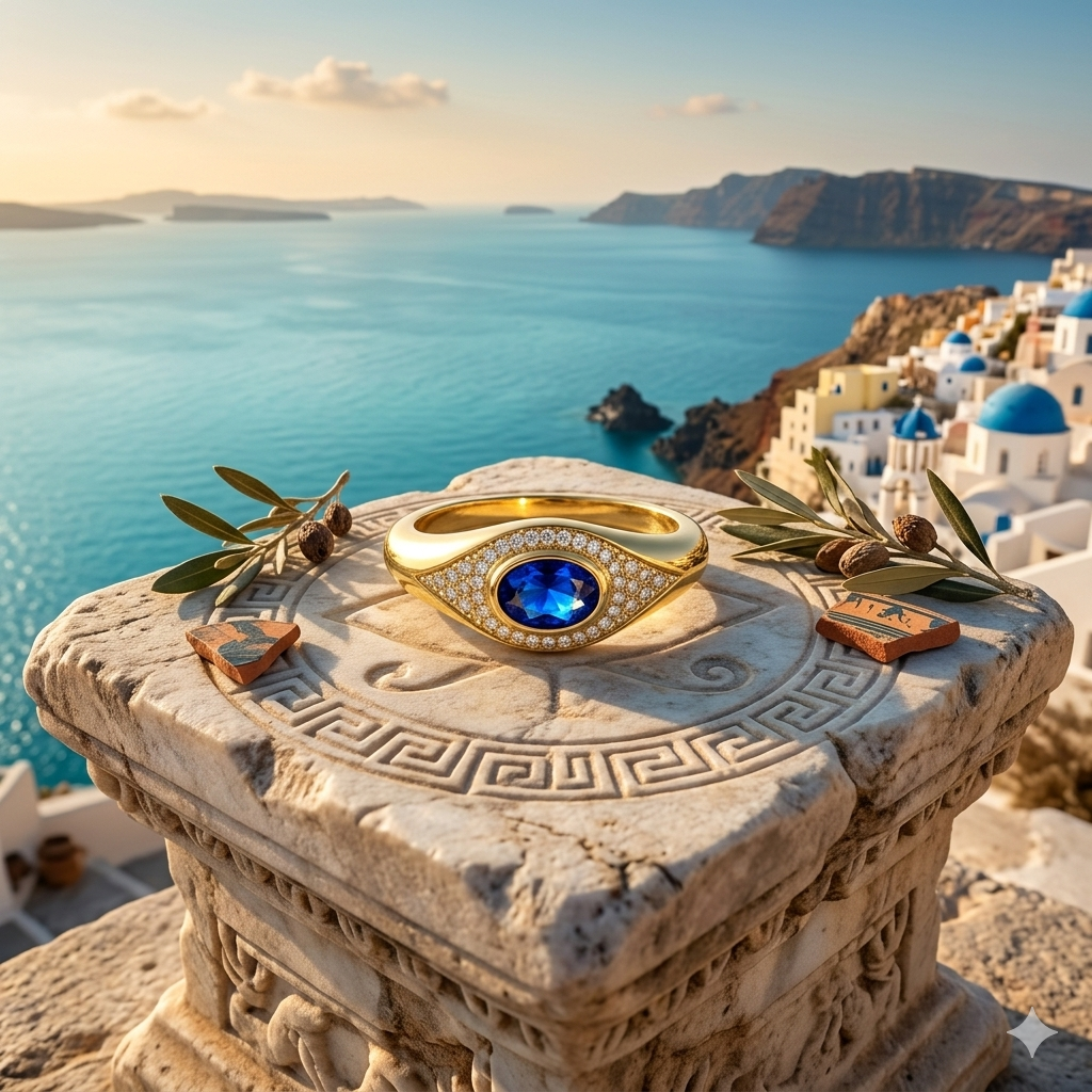 Gold ring with a blue gemstone on a stone pedestal with a scenic background of a coastal town and ocean.