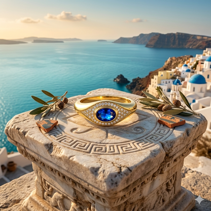 Gold ring with a blue gemstone on a stone pedestal with a scenic background of a coastal town and ocean.