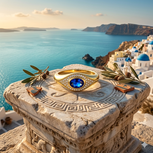 Gold ring with a blue gemstone on a stone pedestal with a scenic background of a coastal town and ocean.