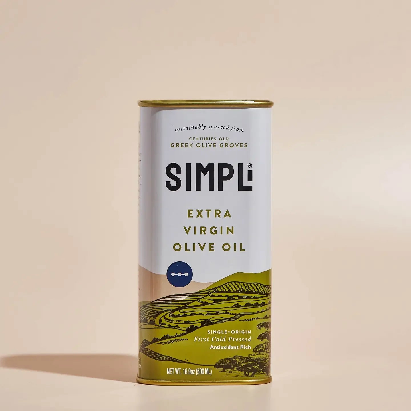 Can of Simpli Extra Virgin Olive Oil on a beige background