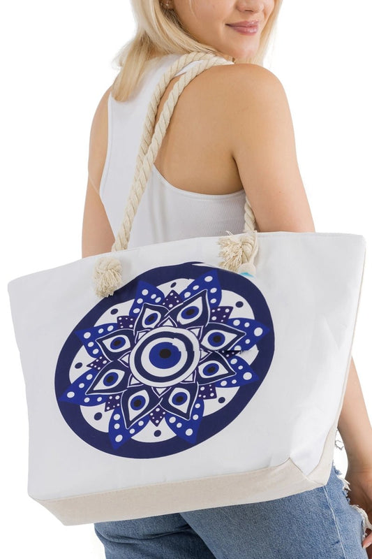 Single Evil Eye Print Rope Handle Cotton Canvas Tote Bag - Hellenic Sun Gifts