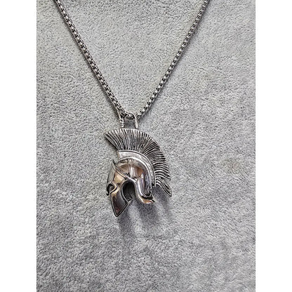 Spartan Helmet pendant—back detail showing sculpted crest and polished stainless finish