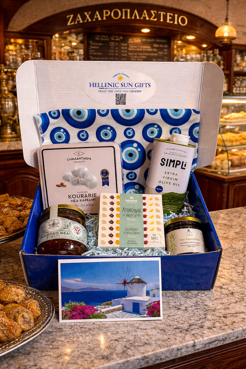 Gift basket with Greek products on a counter in a store.