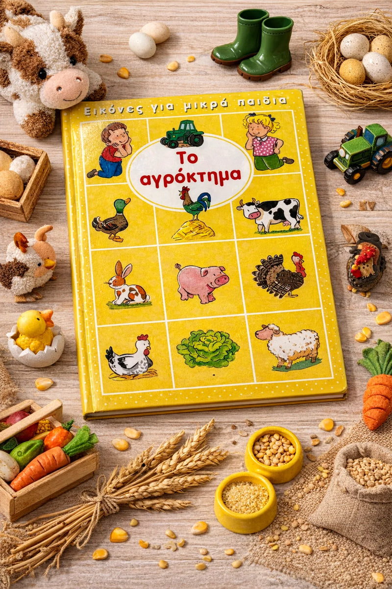 Children's book about farm animals on a wooden surface with toys and food items.
