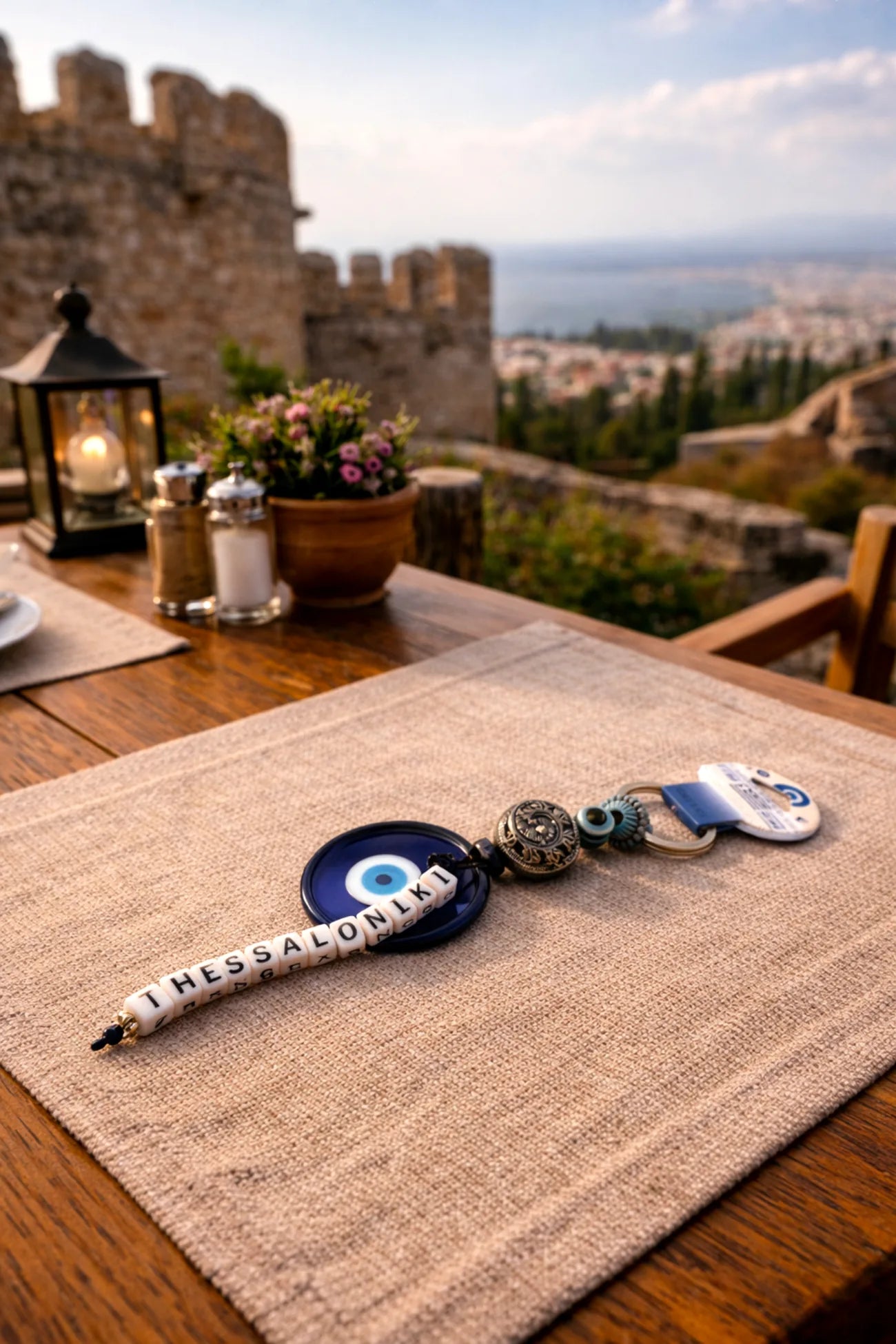 Decorative keychain with an evil eye on a table with a scenic background