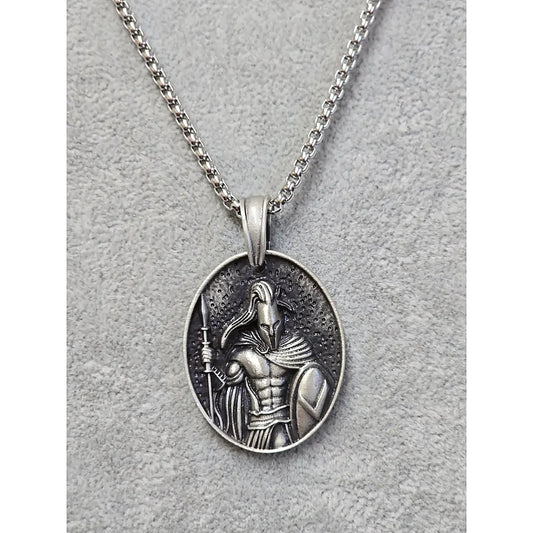 Titanium Warrior stainless steel oval pendant—front relief of armored warrior on 23-inch chain