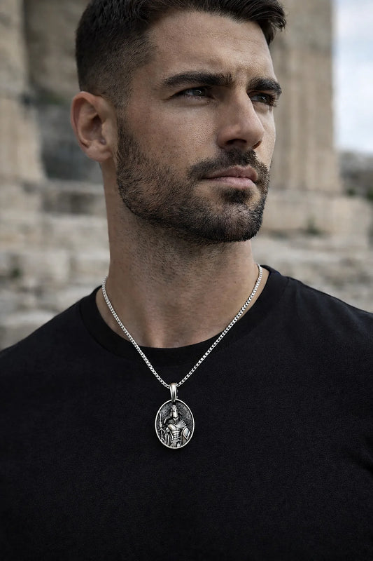 Man wearing a necklace with a pendant in front of stone architecture